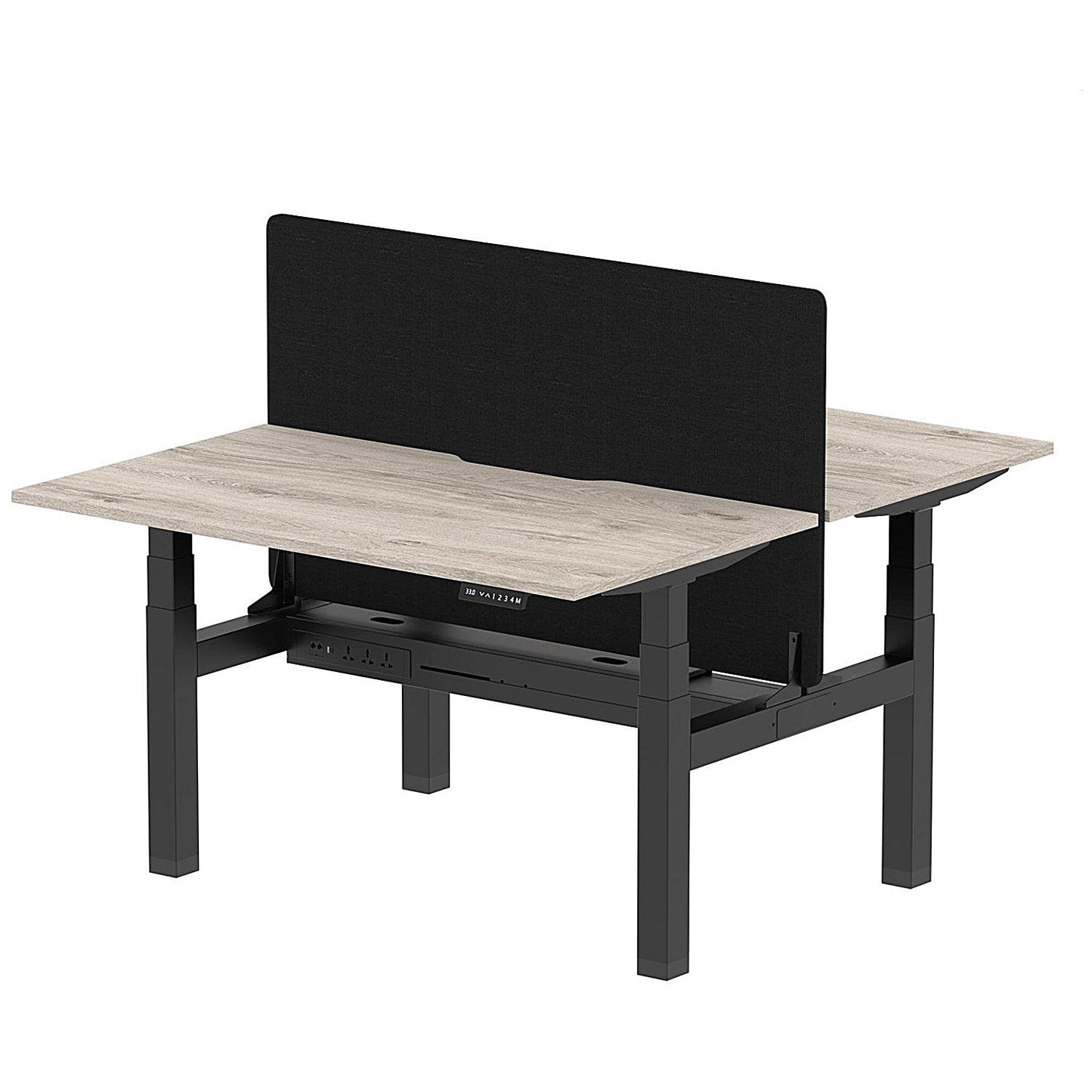 Air 2 Person Sit-Standing Scalloped Bench Desk with Black Straight Screen, Back to Back, 2 x 1400mm (800mm Deep), Black Frame, Grey Oak Easy2Order : HA01981