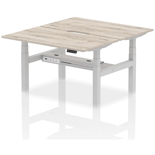 Air 2 Person Sit-Standing Scalloped Bench Desk, Back to Back, 2 x 1400mm (800mm Deep), Silver Frame, Grey Oak Easy2Order : HA01982