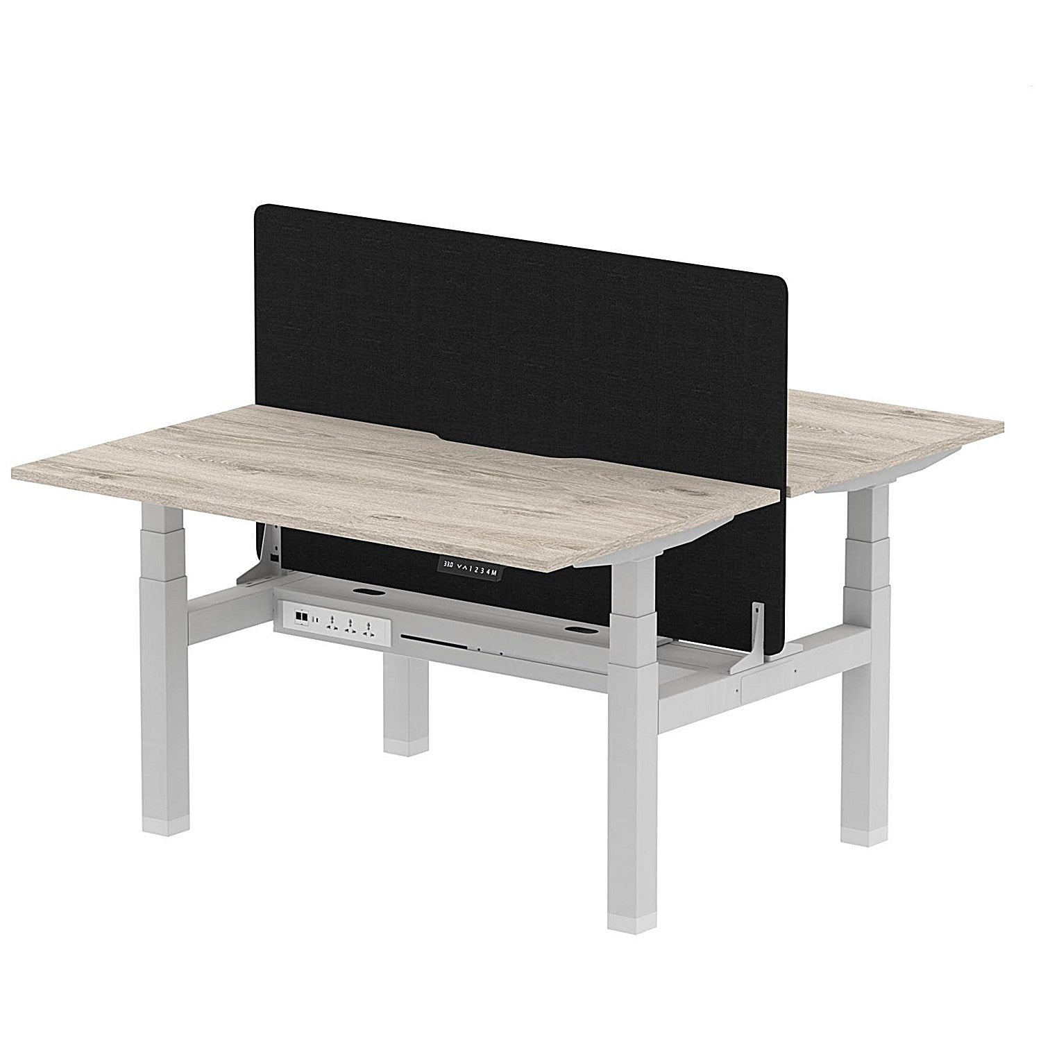 Air 2 Person Sit-Standing Scalloped Bench Desk with Black Straight Screen, Back to Back, 2 x 1400mm (800mm Deep), Silver Frame, Grey Oak Easy2Order : HA01983