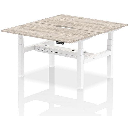 Air 2 Person Sit-Standing Scalloped Bench Desk, Back to Back, 2 x 1400mm (800mm Deep), White Frame, Grey Oak Easy2Order : HA01984
