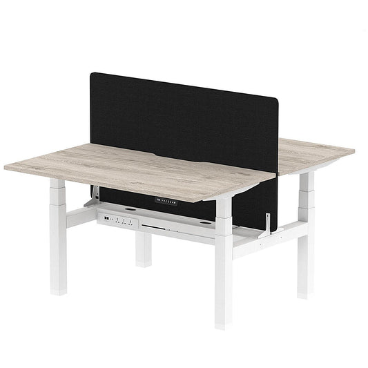 Air 2 Person Sit-Standing Scalloped Bench Desk with Black Straight Screen, Back to Back, 2 x 1400mm (800mm Deep), White Frame, Grey Oak Easy2Order : HA01985