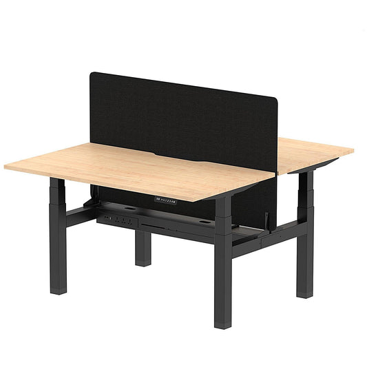 Air 2 Person Sit-Standing Scalloped Bench Desk with Black Straight Screen, Back to Back, 2 x 1400mm (800mm Deep), Black Frame, Maple Easy2Order : HA01993