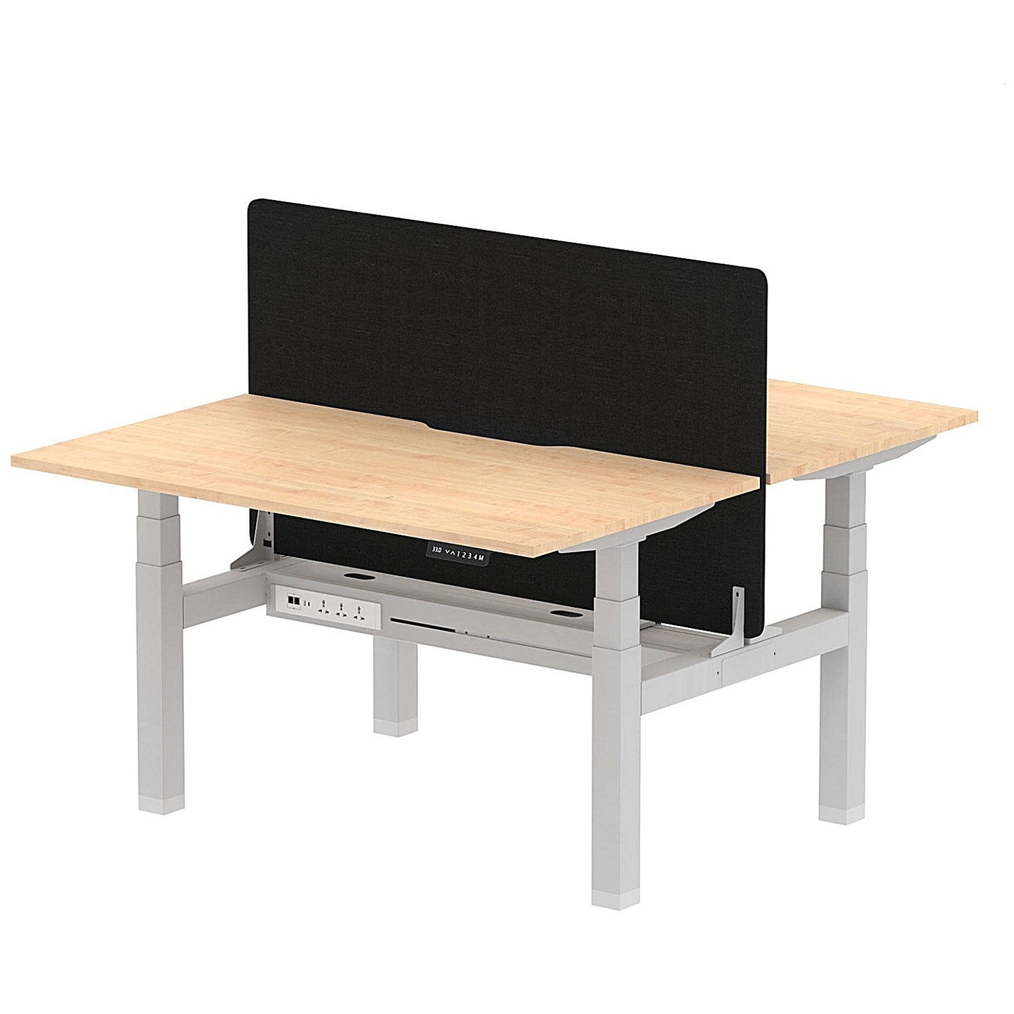 Air 2 Person Sit-Standing Scalloped Bench Desk with Black Straight Screen, Back to Back, 2 x 1400mm (800mm Deep), Silver Frame, Maple Easy2Order : HA01995