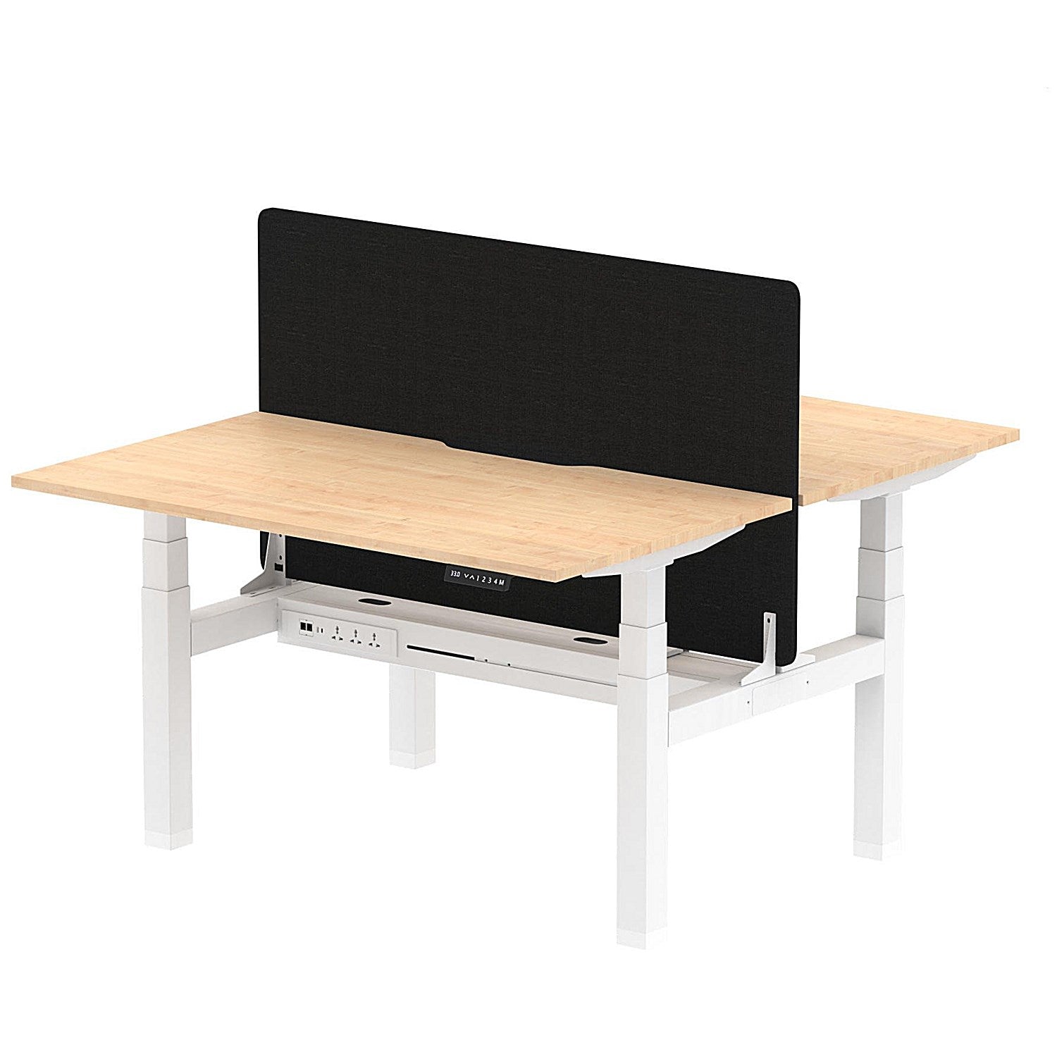 Air 2 Person Sit-Standing Scalloped Bench Desk with Black Straight Screen, Back to Back, 2 x 1400mm (800mm Deep), White Frame, Maple Easy2Order : HA01997
