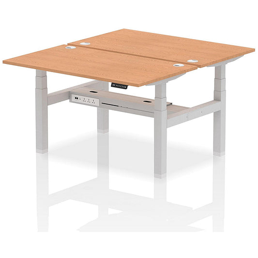 Air 2 Person Sit-Standing Bench Desk, Back to Back, 2 x 1400mm (800mm Deep), Silver Frame, Oak Easy2Order : HA02000