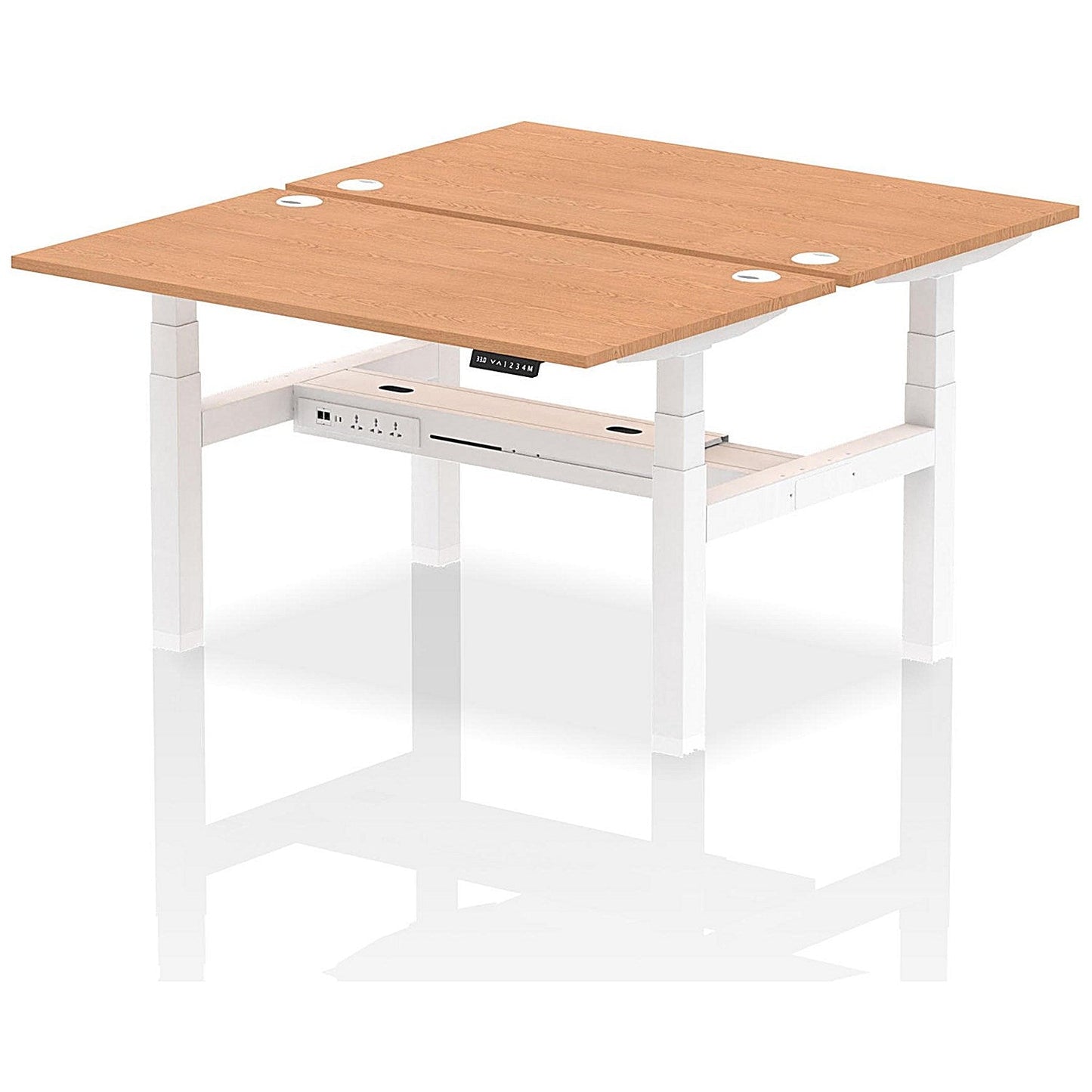 Air 2 Person Sit-Standing Bench Desk, Back to Back, 2 x 1400mm (800mm Deep), White Frame, Oak Easy2Order : HA02002