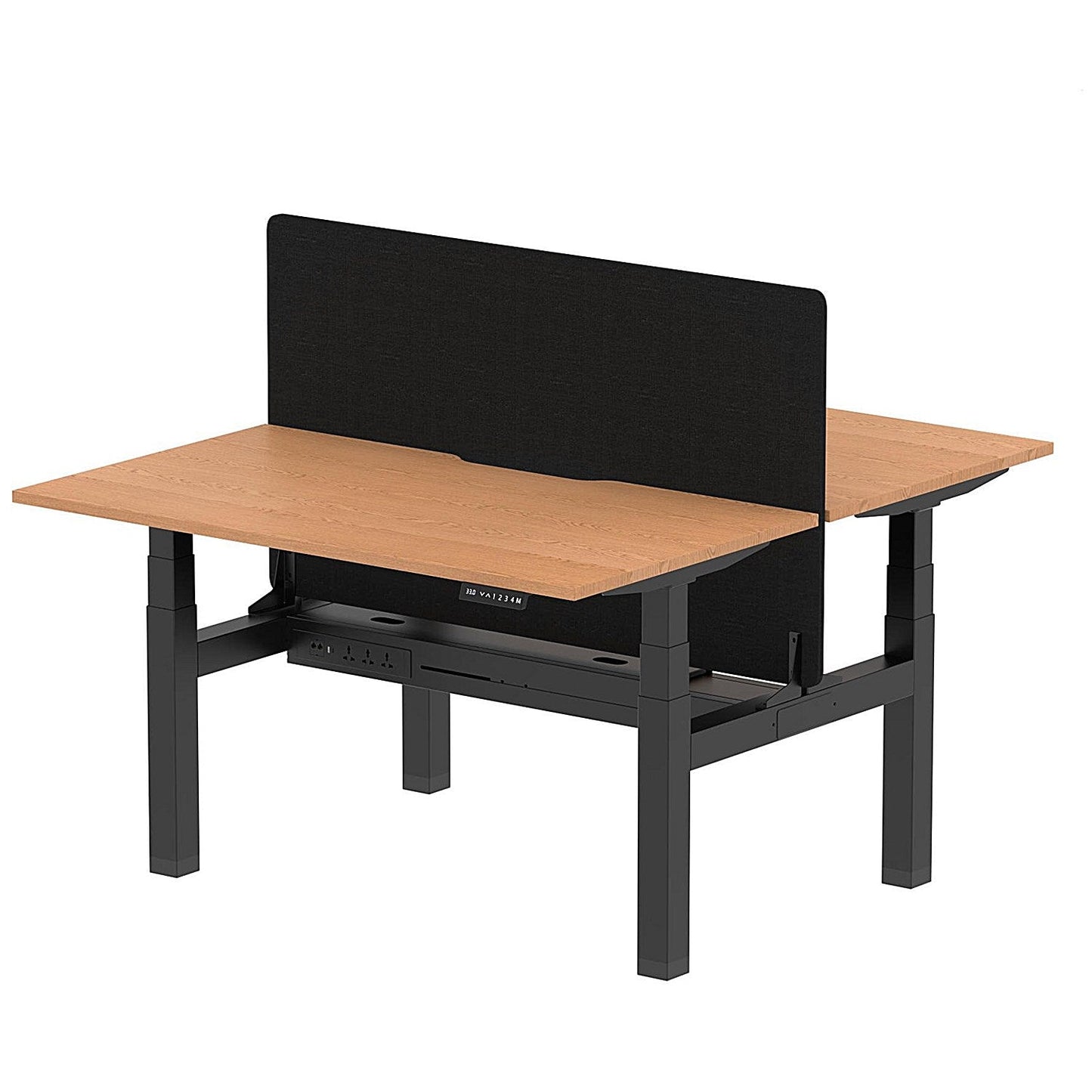 Air 2 Person Sit-Standing Scalloped Bench Desk with Black Straight Screen, Back to Back, 2 x 1400mm (800mm Deep), Black Frame, Oak Easy2Order : HA02005