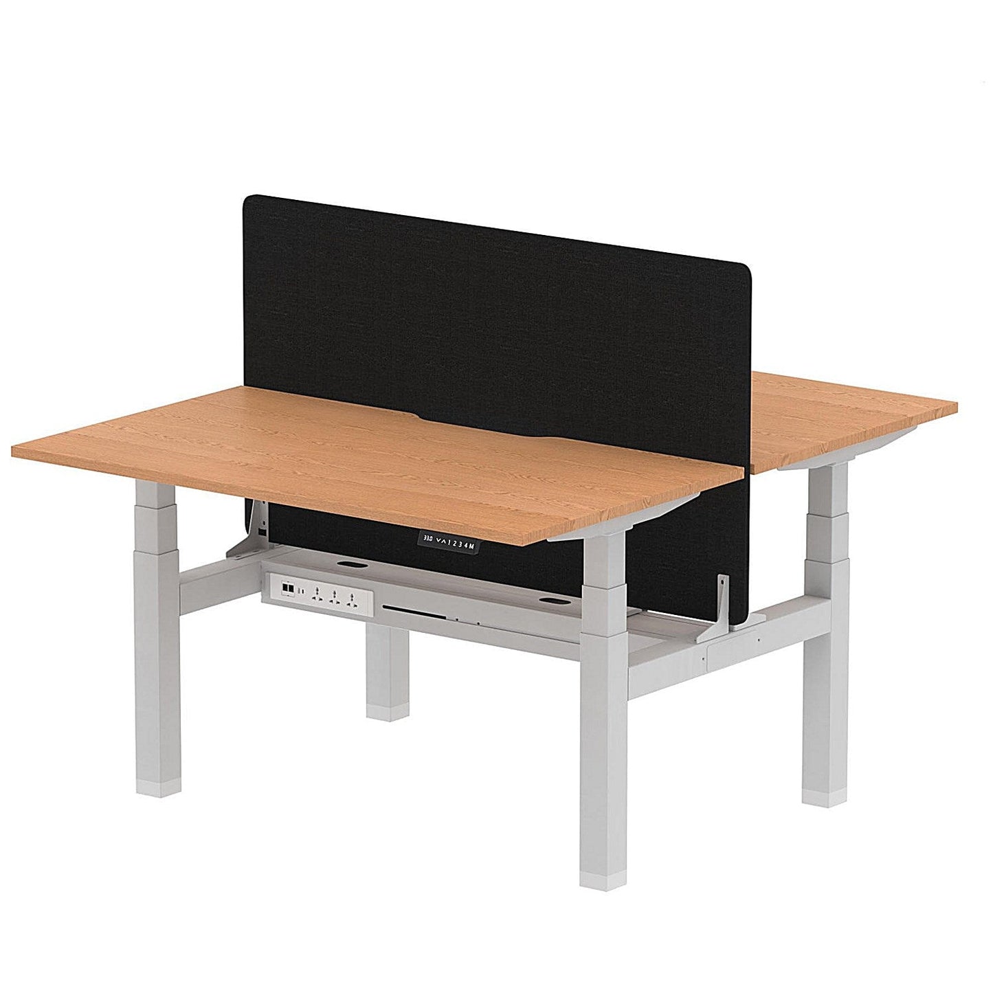 Air 2 Person Sit-Standing Scalloped Bench Desk with Black Straight Screen, Back to Back, 2 x 1400mm (800mm Deep), Silver Frame, Oak Easy2Order : HA02007