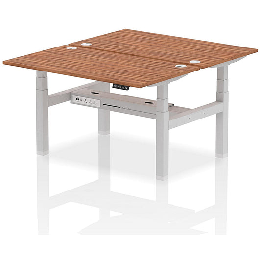 Air 2 Person Sit-Standing Bench Desk, Back to Back, 2 x 1400mm (800mm Deep), Silver Frame, Walnut Easy2Order : HA02012