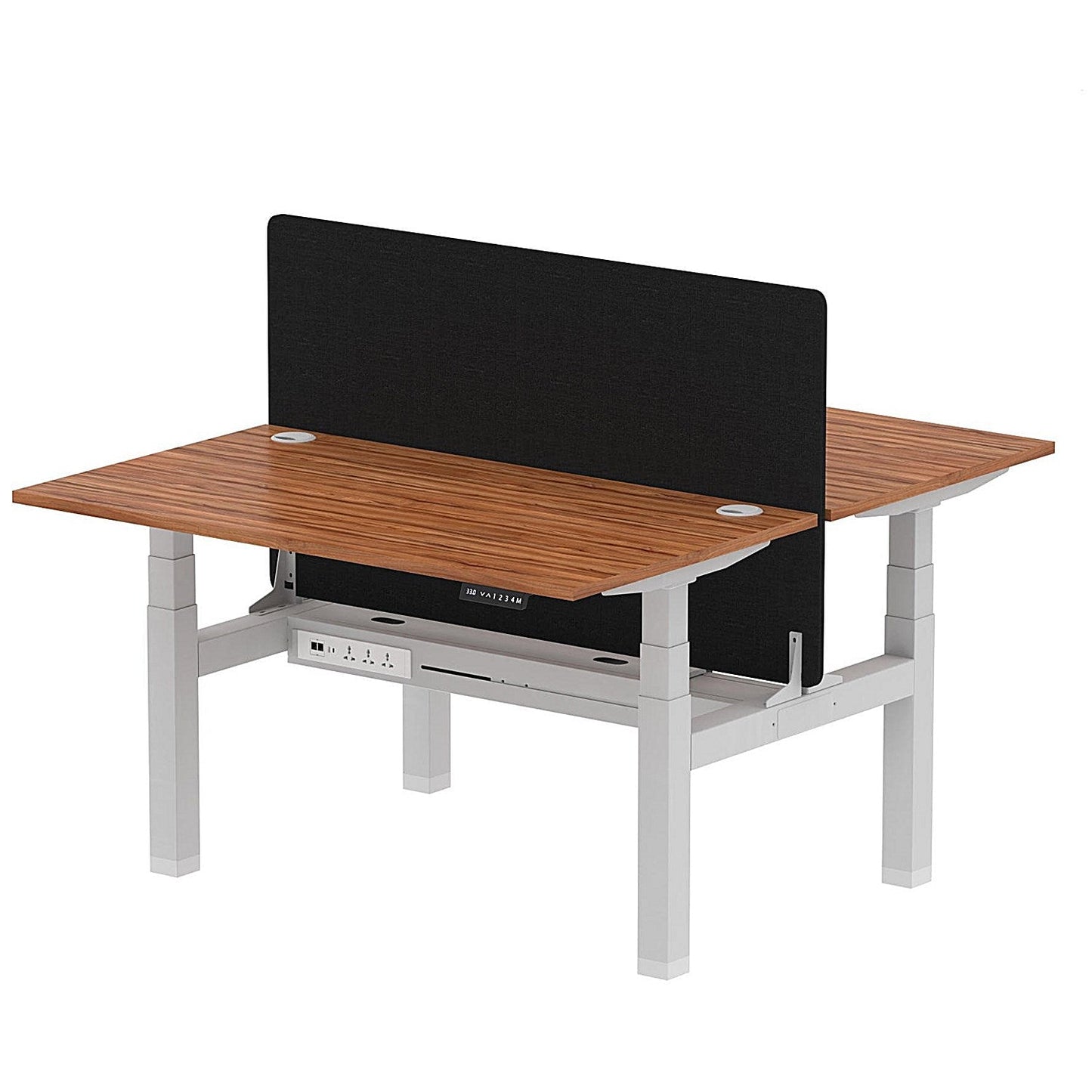 Air 2 Person Sit-Standing Bench Desk with Black Straight Screen, Back to Back, 2 x 1400mm (800mm Deep), Silver Frame, Walnut Easy2Order : HA02013
