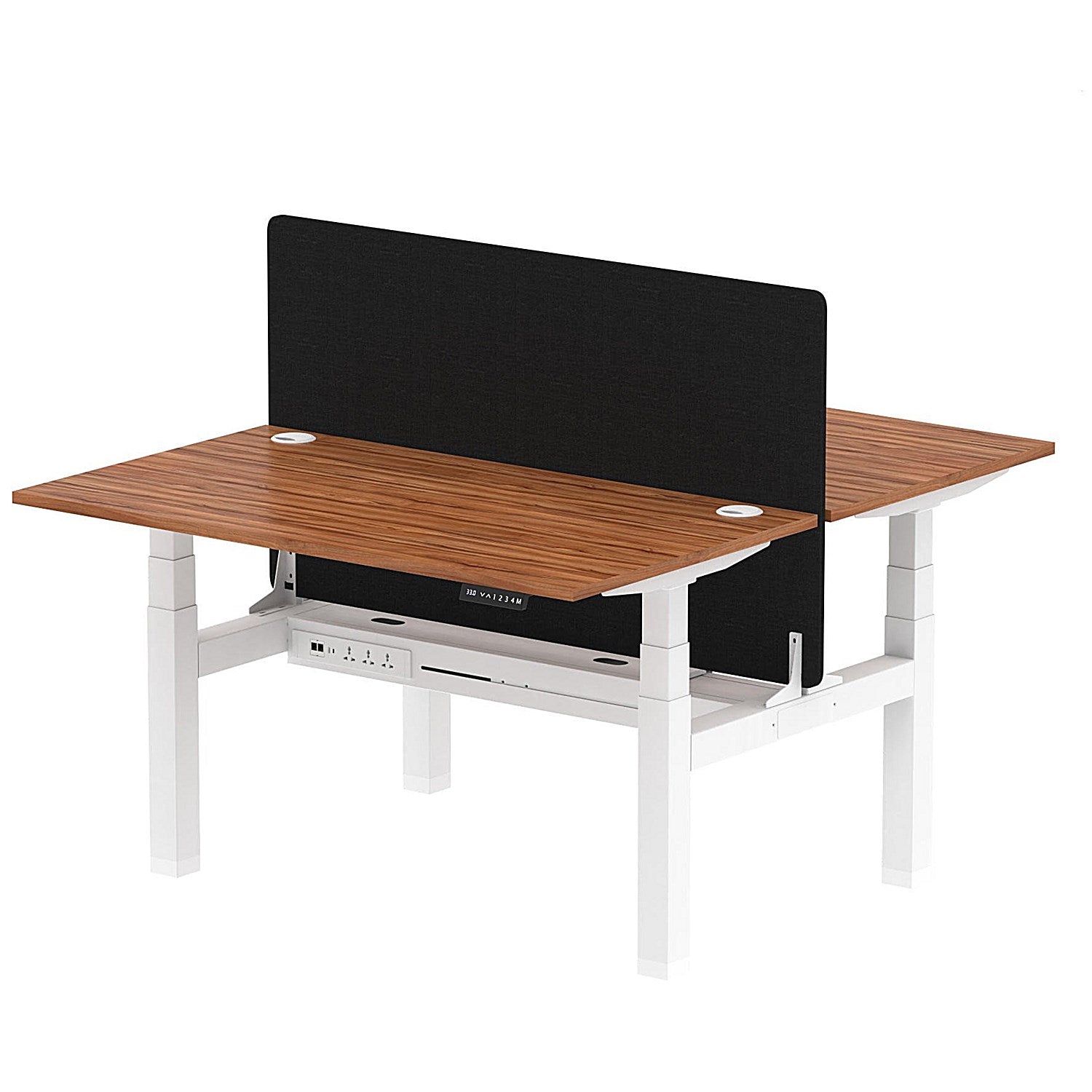 Air 2 Person Sit-Standing Bench Desk with Black Straight Screen, Back to Back, 2 x 1400mm (800mm Deep), White Frame, Walnut Easy2Order : HA02015