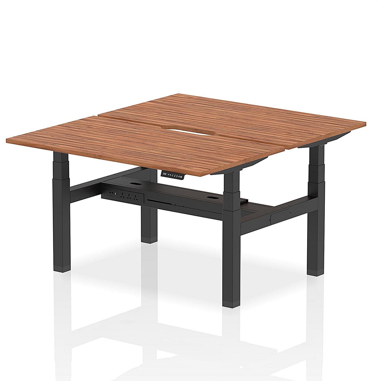 Air 2 Person Sit-Standing Scalloped Bench Desk, Back to Back, 2 x 1400mm (800mm Deep), Black Frame, Walnut Easy2Order : HA02016