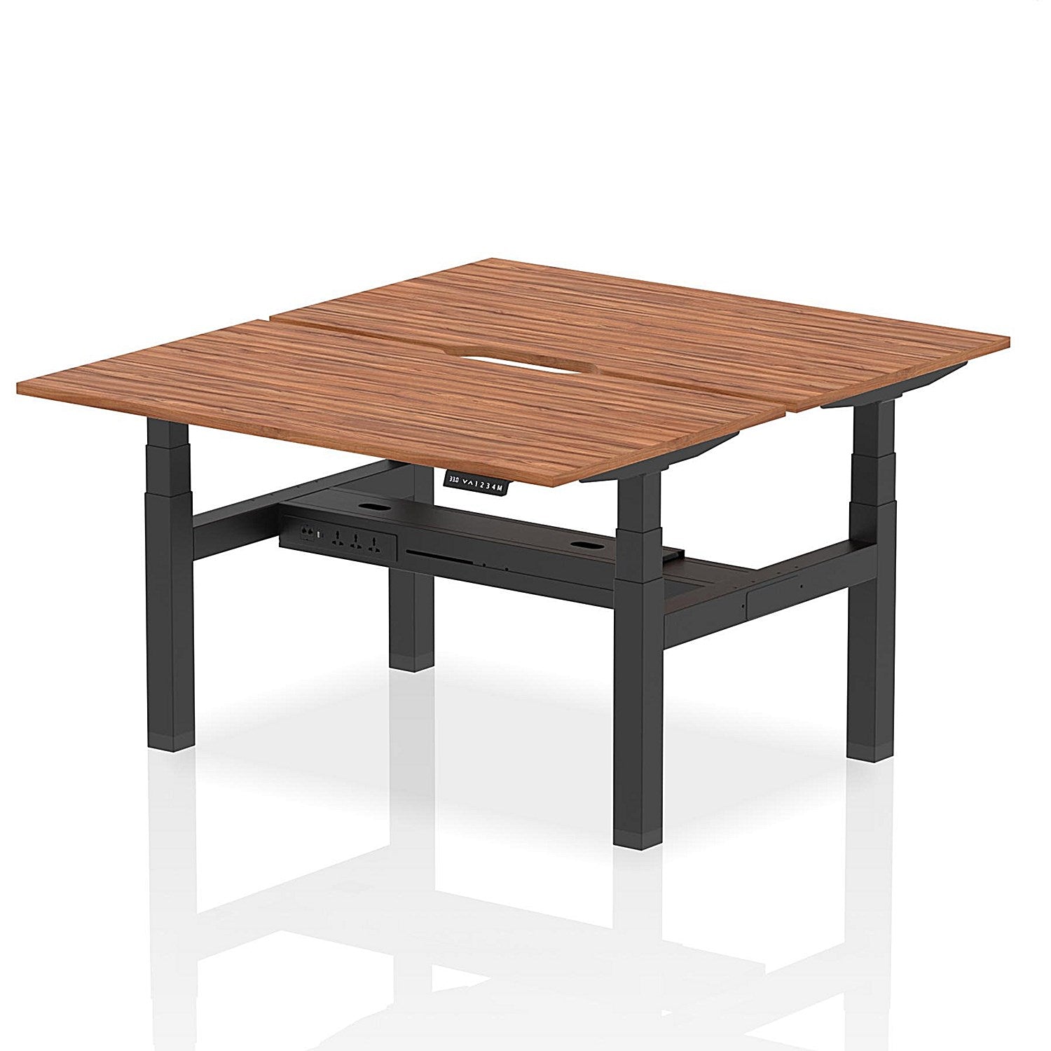 Air 2 Person Sit-Standing Scalloped Bench Desk, Back to Back, 2 x 1400mm (800mm Deep), Black Frame, Walnut Easy2Order : HA02016