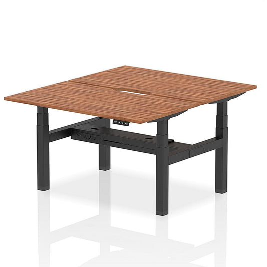 Air 2 Person Sit-Standing Scalloped Bench Desk, Back to Back, 2 x 1400mm (800mm Deep), Black Frame, Walnut Easy2Order : HA02016