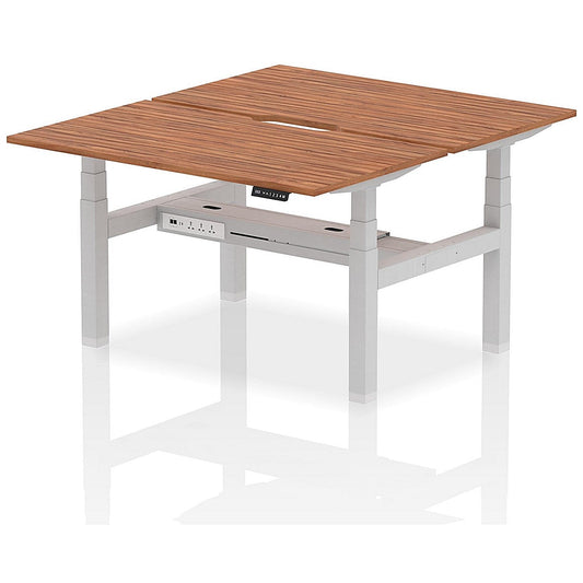 Air 2 Person Sit-Standing Scalloped Bench Desk, Back to Back, 2 x 1400mm (800mm Deep), Silver Frame, Walnut Easy2Order : HA02018