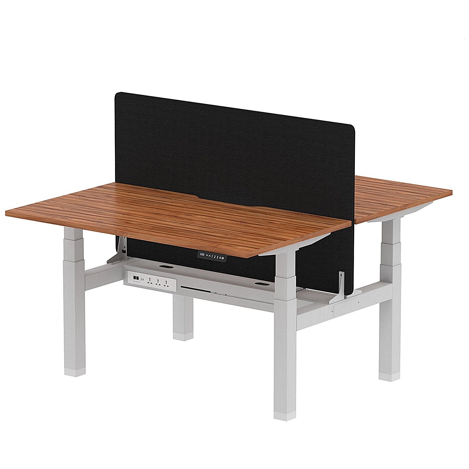 Air 2 Person Sit-Standing Scalloped Bench Desk with Black Straight Screen, Back to Back, 2 x 1400mm (800mm Deep), Silver Frame, Walnut Easy2Order : HA02019