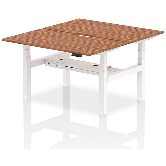 Air 2 Person Sit-Standing Scalloped Bench Desk, Back to Back, 2 x 1400mm (800mm Deep), White Frame, Walnut Easy2Order : HA02020