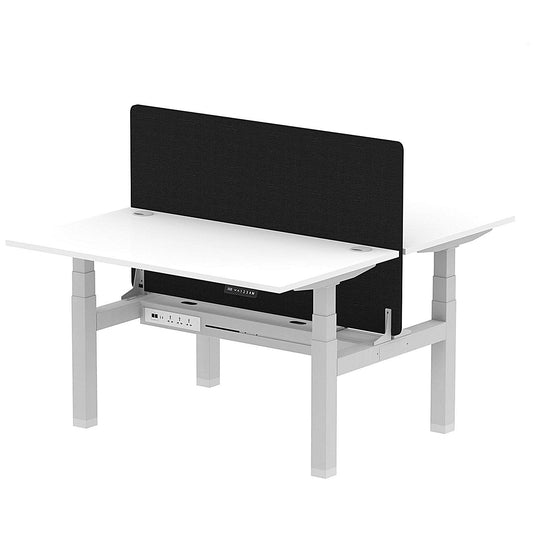Air 2 Person Sit-Standing Bench Desk with Black Straight Screen, Back to Back, 2 x 1400mm (800mm Deep), Silver Frame, White Easy2Order : HA02025