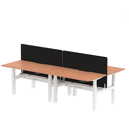 Air 4 Person Sit-Standing Scalloped Bench Desk with Black Straight Screen, Back to Back, 4 x 1400mm (800mm Deep), White Frame, Beech Easy2Order : HA02045