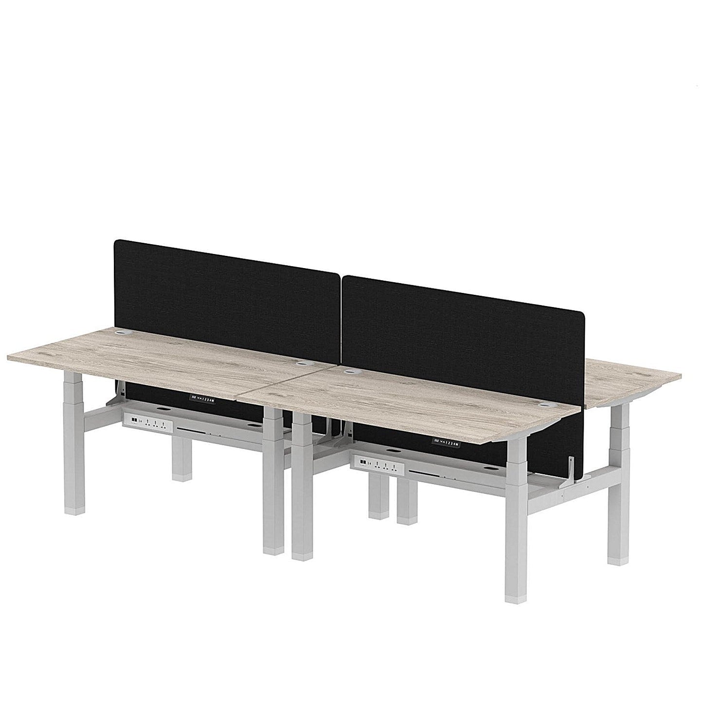 Air 4 Person Sit-Standing Bench Desk with Black Straight Screen, Back to Back, 4 x 1400mm (800mm Deep), Silver Frame, Grey Oak Easy2Order : HA02049