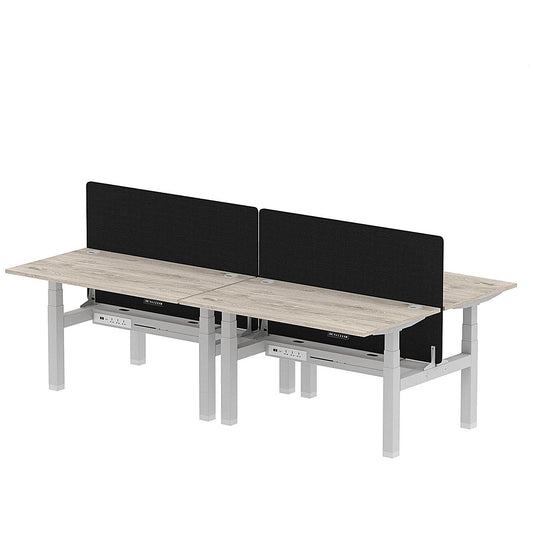 Air 4 Person Sit-Standing Bench Desk with Black Straight Screen, Back to Back, 4 x 1400mm (800mm Deep), Silver Frame, Grey Oak Easy2Order : HA02049