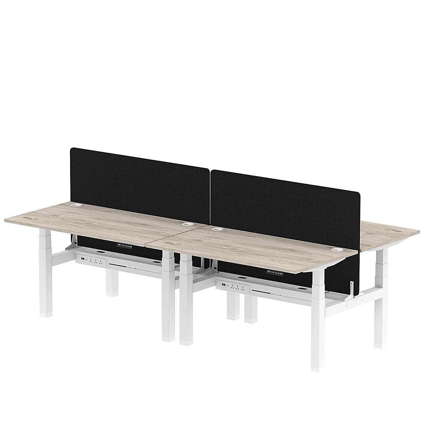 Air 4 Person Sit-Standing Bench Desk with Black Straight Screen, Back to Back, 4 x 1400mm (800mm Deep), White Frame, Grey Oak Easy2Order : HA02051