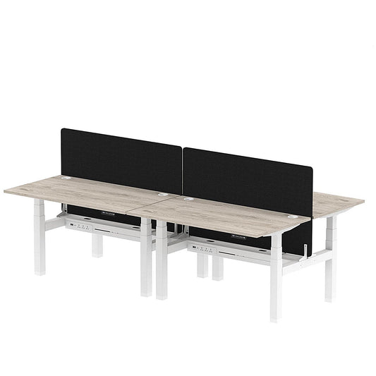 Air 4 Person Sit-Standing Bench Desk with Black Straight Screen, Back to Back, 4 x 1400mm (800mm Deep), White Frame, Grey Oak Easy2Order : HA02051