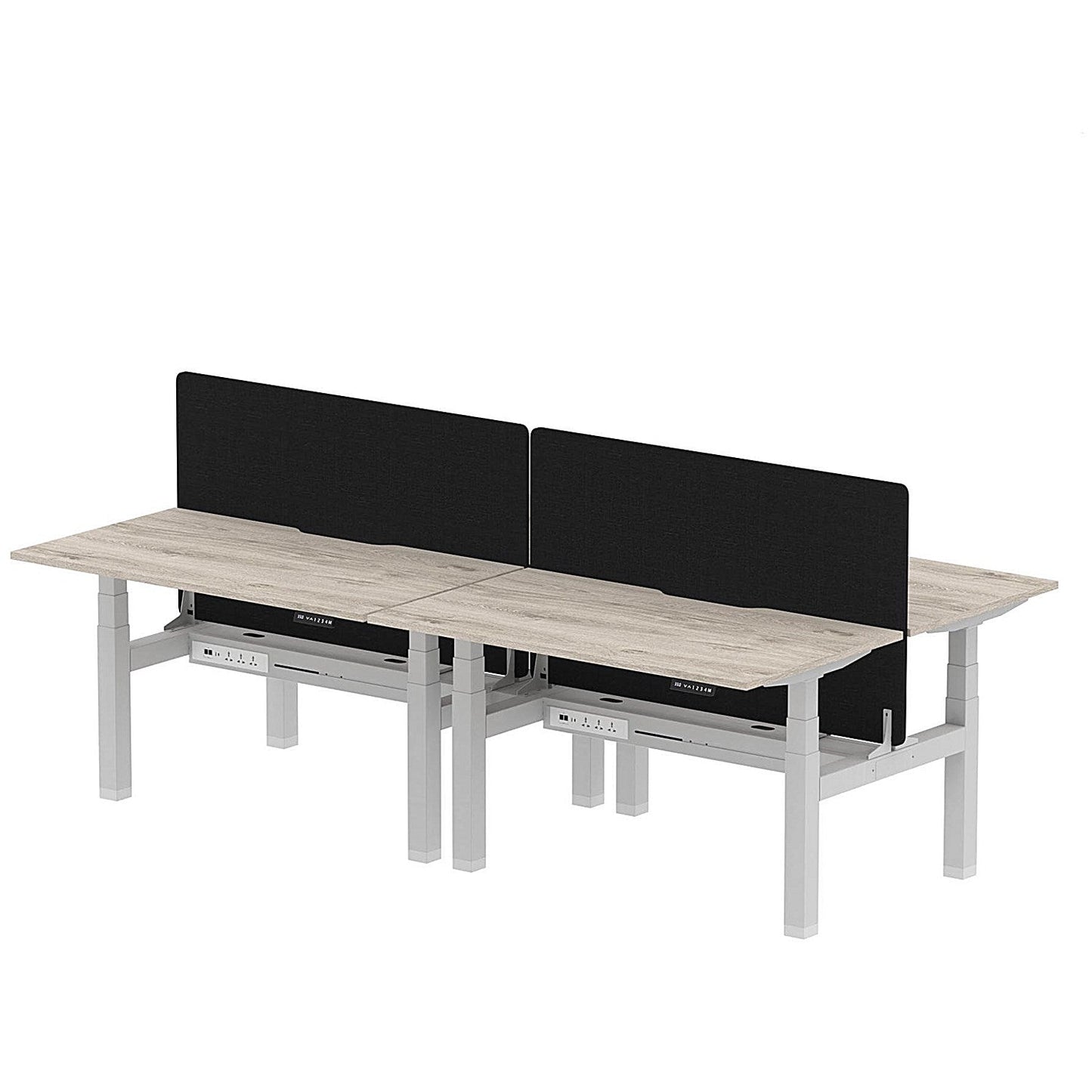 Air 4 Person Sit-Standing Scalloped Bench Desk with Black Straight Screen, Back to Back, 4 x 1400mm (800mm Deep), Silver Frame, Grey Oak Easy2Order : HA02055