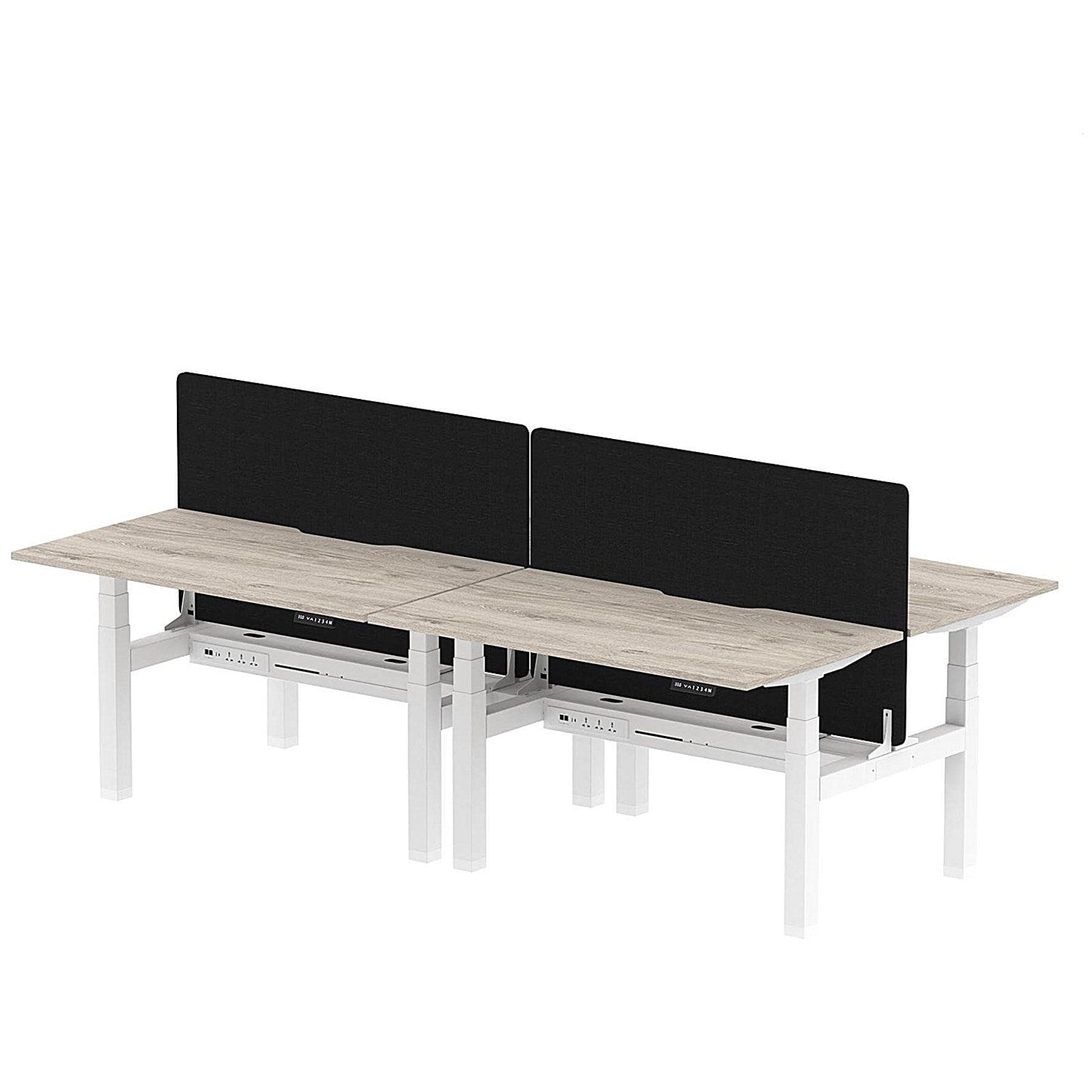 Air 4 Person Sit-Standing Scalloped Bench Desk with Black Straight Screen, Back to Back, 4 x 1400mm (800mm Deep), White Frame, Grey Oak Easy2Order : HA02057