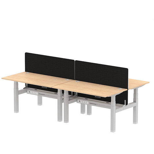 Air 4 Person Sit-Standing Bench Desk with Black Straight Screen, Back to Back, 4 x 1400mm (800mm Deep), Silver Frame, Maple Easy2Order : HA02061