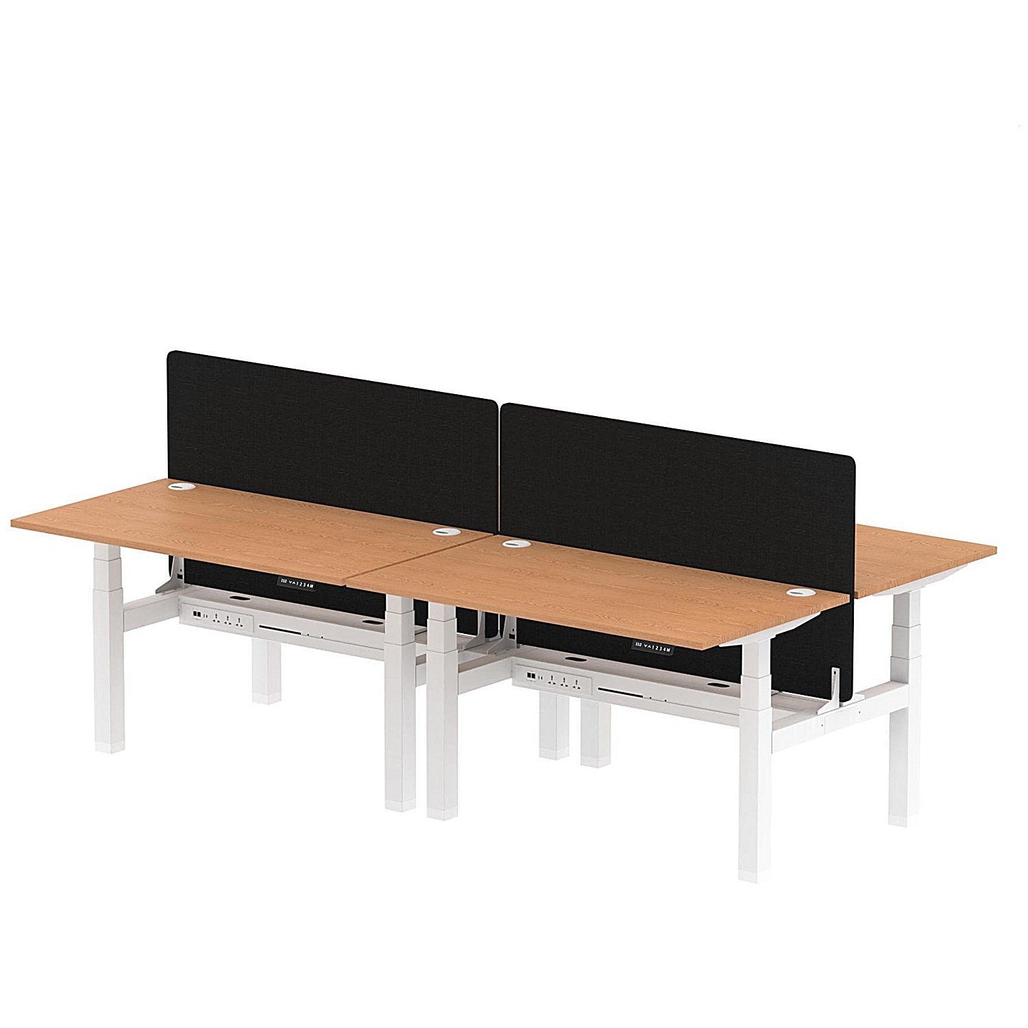 Air 4 Person Sit-Standing Bench Desk with Black Straight Screen, Back to Back, 4 x 1400mm (800mm Deep), White Frame, Oak Easy2Order : HA02075