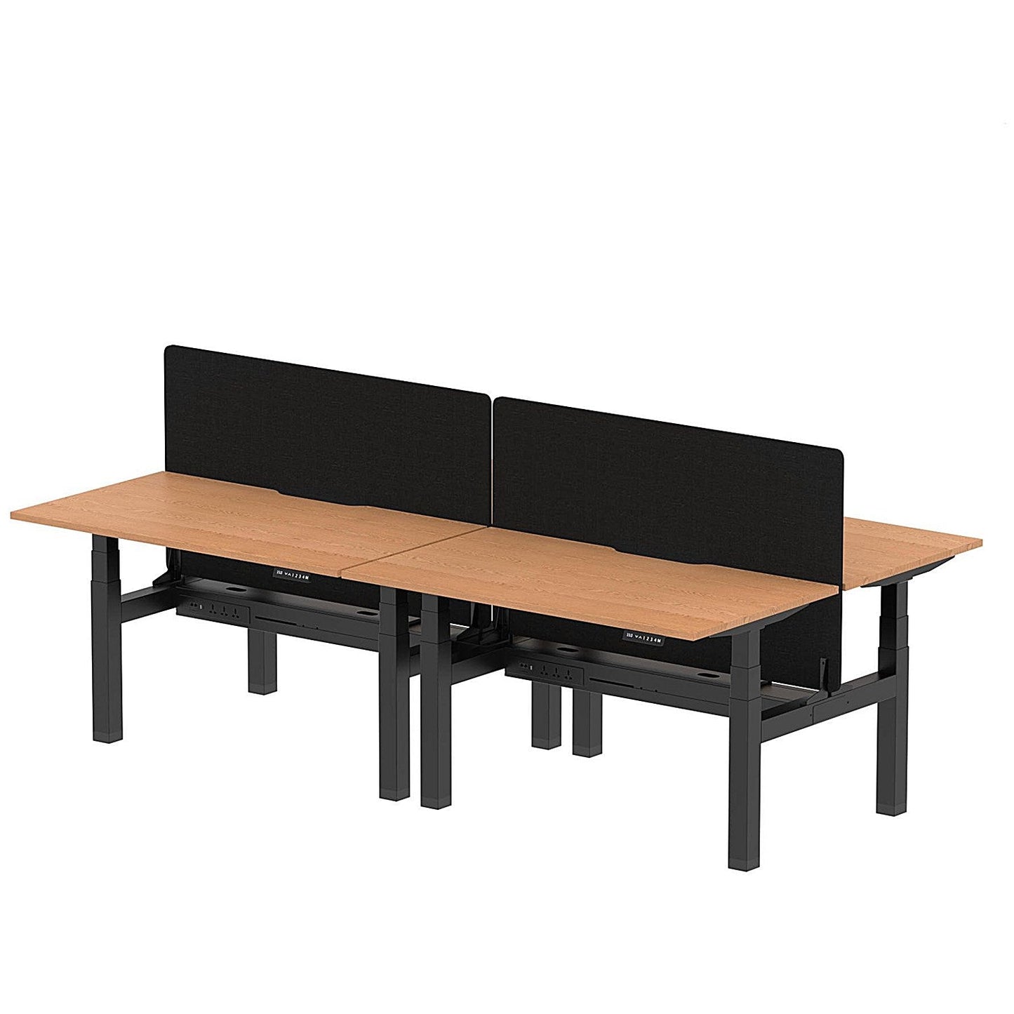 Air 4 Person Sit-Standing Scalloped Bench Desk with Black Straight Screen, Back to Back, 4 x 1400mm (800mm Deep), Black Frame, Oak Easy2Order : HA02077