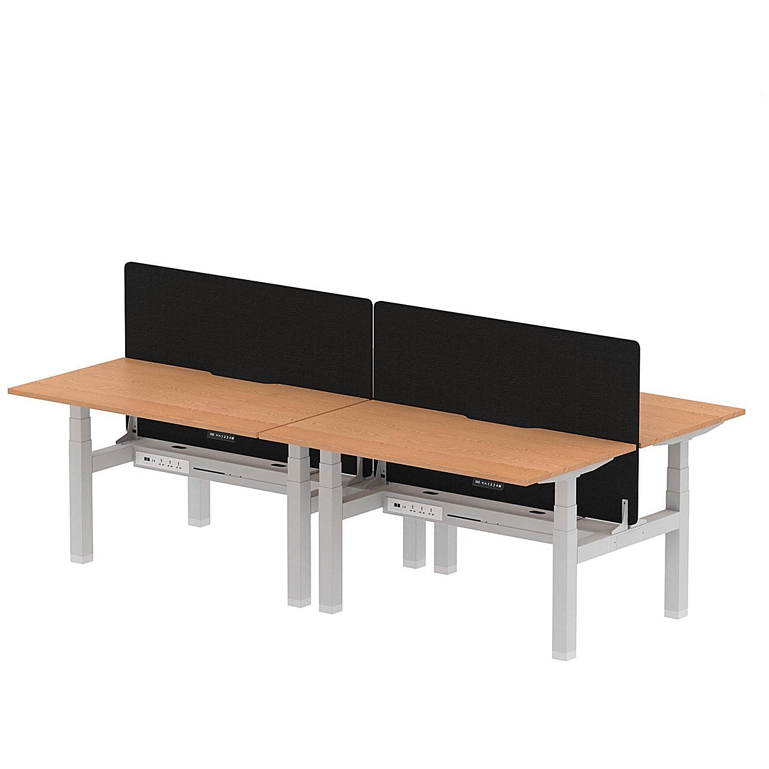 Air 4 Person Sit-Standing Scalloped Bench Desk with Black Straight Screen, Back to Back, 4 x 1400mm (800mm Deep), Silver Frame, Oak Easy2Order : HA02079