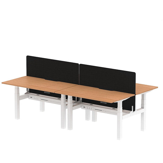 Air 4 Person Sit-Standing Scalloped Bench Desk with Black Straight Screen, Back to Back, 4 x 1400mm (800mm Deep), White Frame, Oak Easy2Order : HA02081