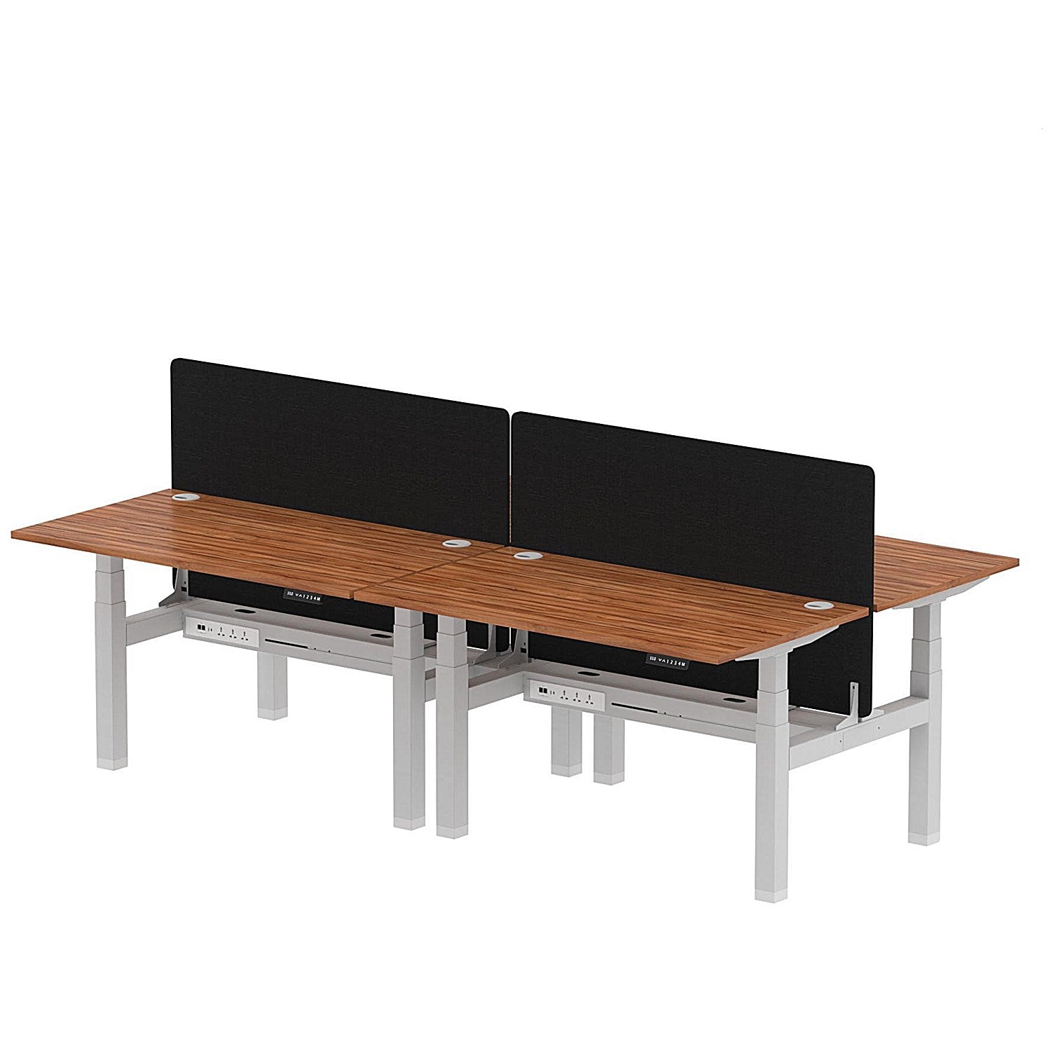 Air 4 Person Sit-Standing Bench Desk with Black Straight Screen, Back to Back, 4 x 1400mm (800mm Deep), Silver Frame, Walnut Easy2Order : HA02085