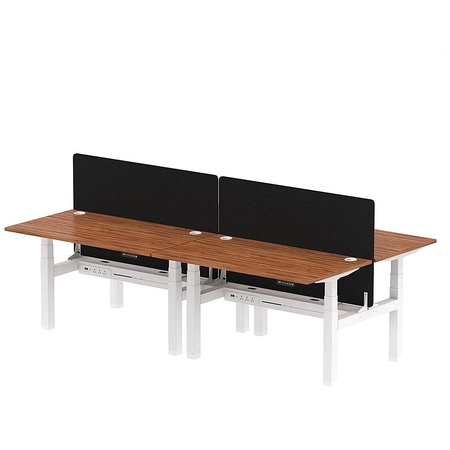 Air 4 Person Sit-Standing Bench Desk with Black Straight Screen, Back to Back, 4 x 1400mm (800mm Deep), White Frame, Walnut Easy2Order : HA02087