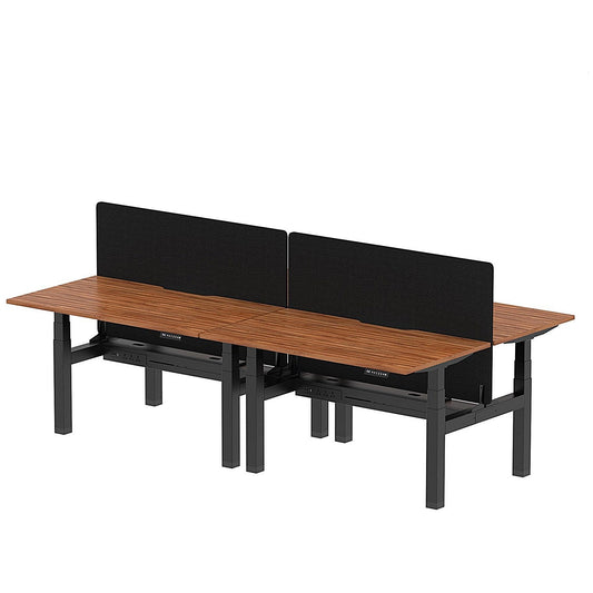 Air 4 Person Sit-Standing Scalloped Bench Desk with Black Straight Screen, Back to Back, 4 x 1400mm (800mm Deep), Black Frame, Walnut Easy2Order : HA02089