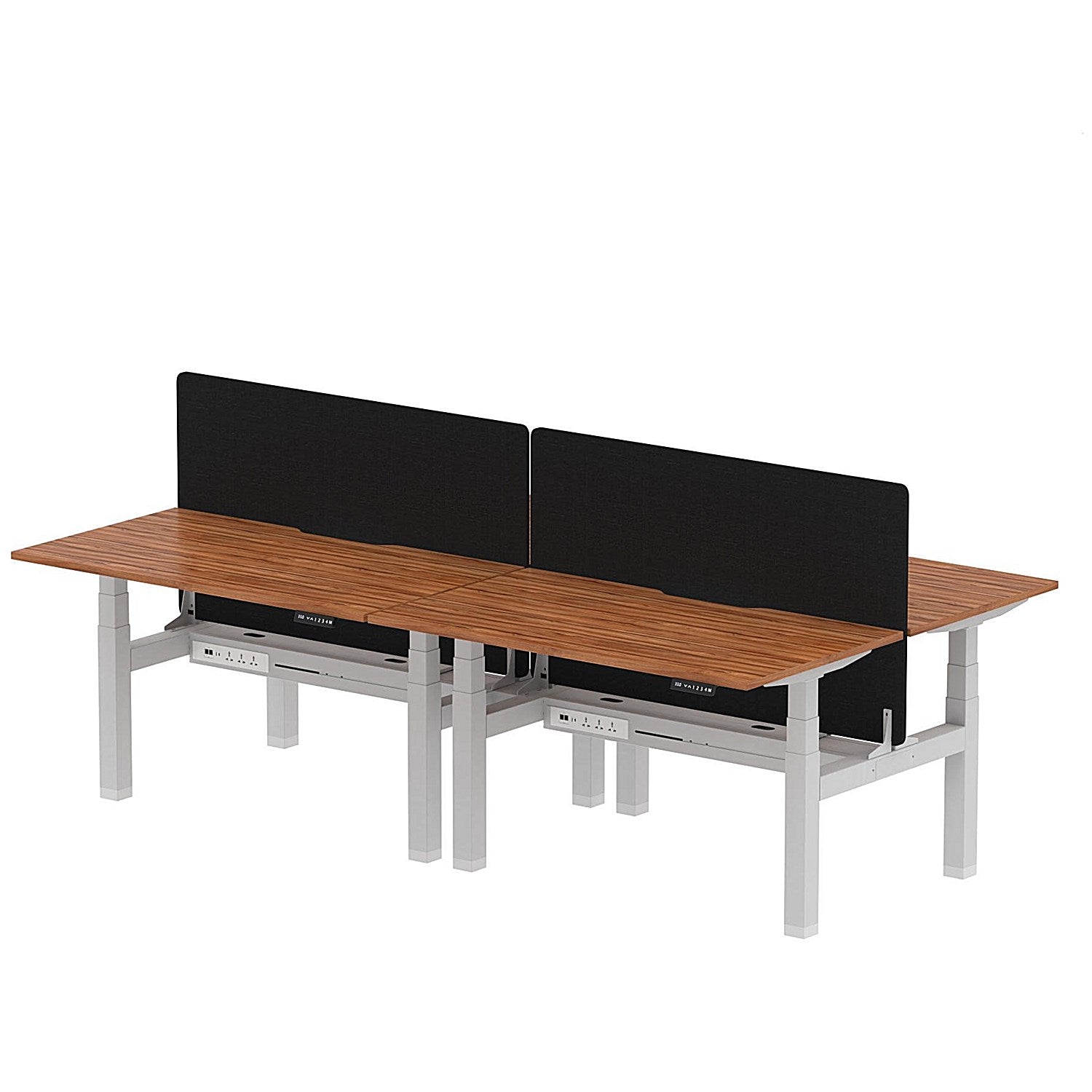 Air 4 Person Sit-Standing Scalloped Bench Desk with Black Straight Screen, Back to Back, 4 x 1400mm (800mm Deep), Silver Frame, Walnut Easy2Order : HA02091