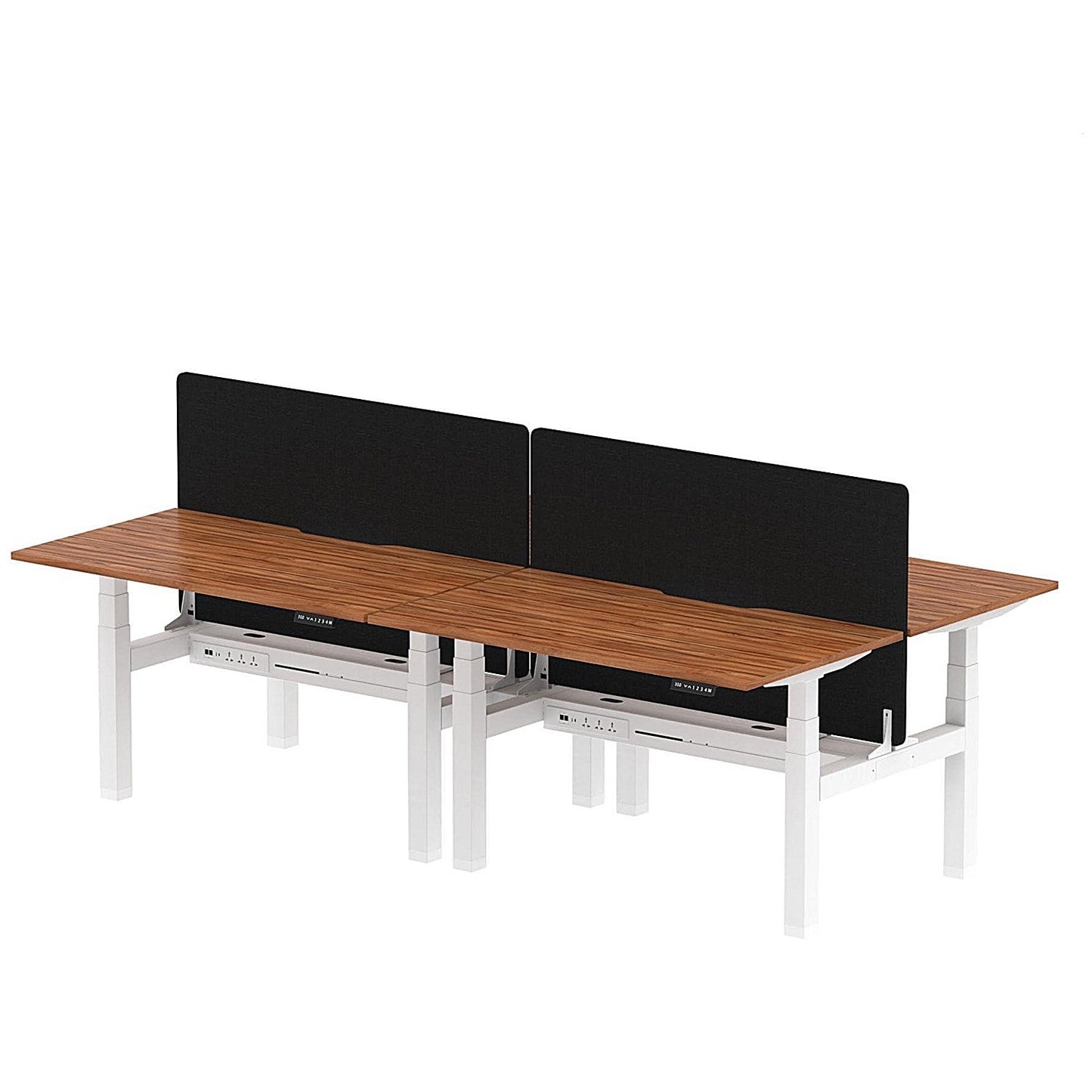 Air 4 Person Sit-Standing Scalloped Bench Desk with Black Straight Screen, Back to Back, 4 x 1400mm (800mm Deep), White Frame, Walnut Easy2Order : HA02093