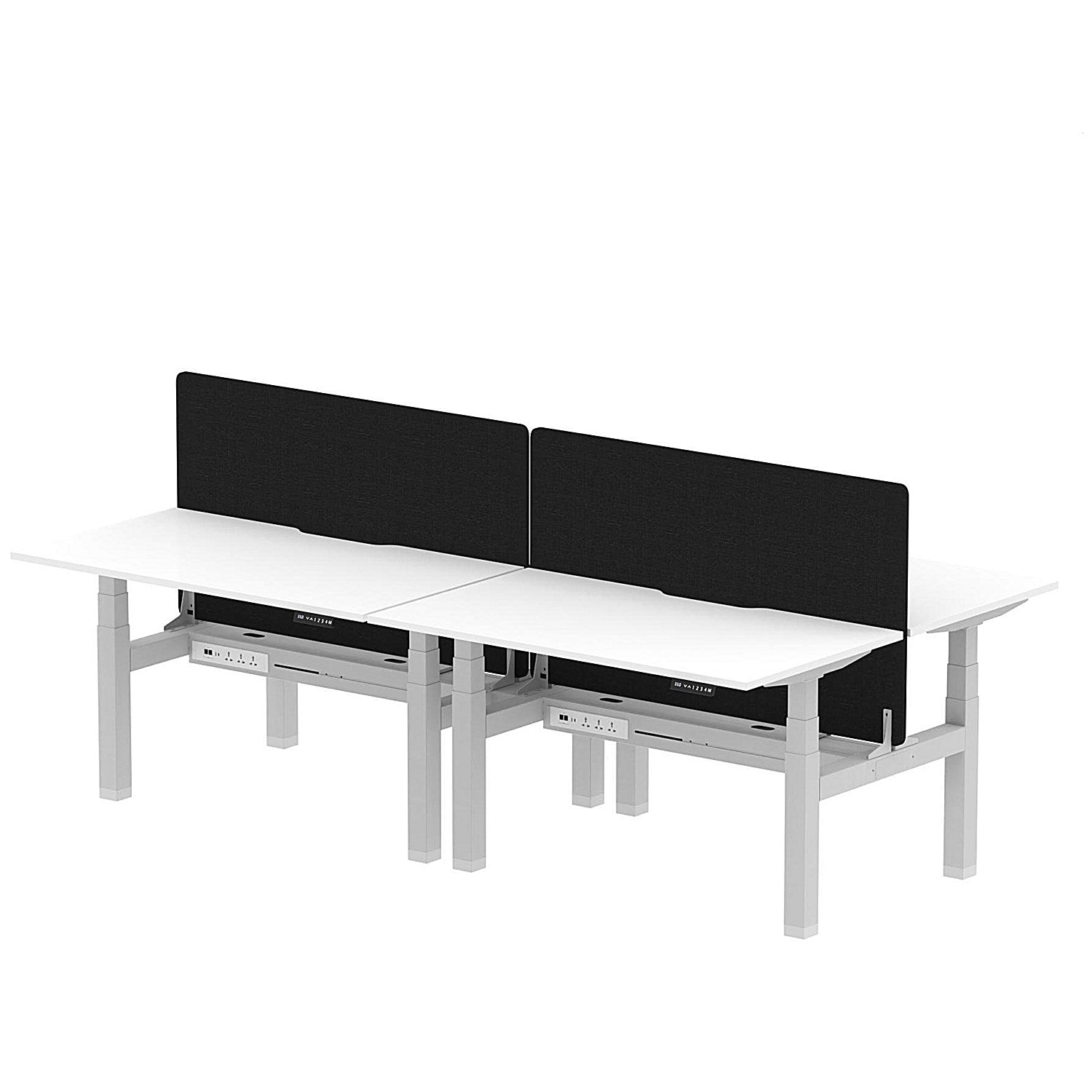 Air 4 Person Sit-Standing Scalloped Bench Desk with Black Straight Screen, Back to Back, 4 x 1400mm (800mm Deep), Silver Frame, White Easy2Order : HA02103