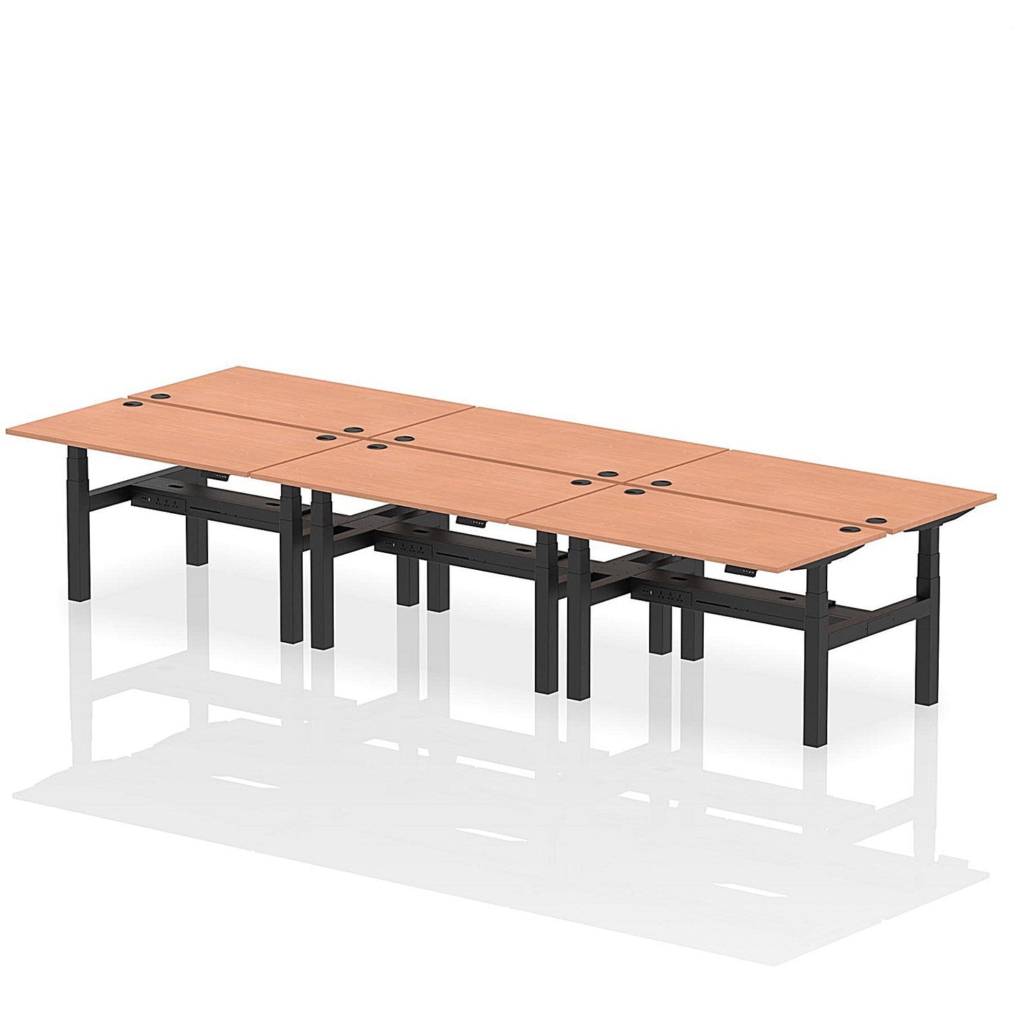 Air 6 Person Sit-Standing Bench Desk, Back to Back, 6 x 1400mm (800mm Deep), Black Frame, Beech Easy2Order : HA02106