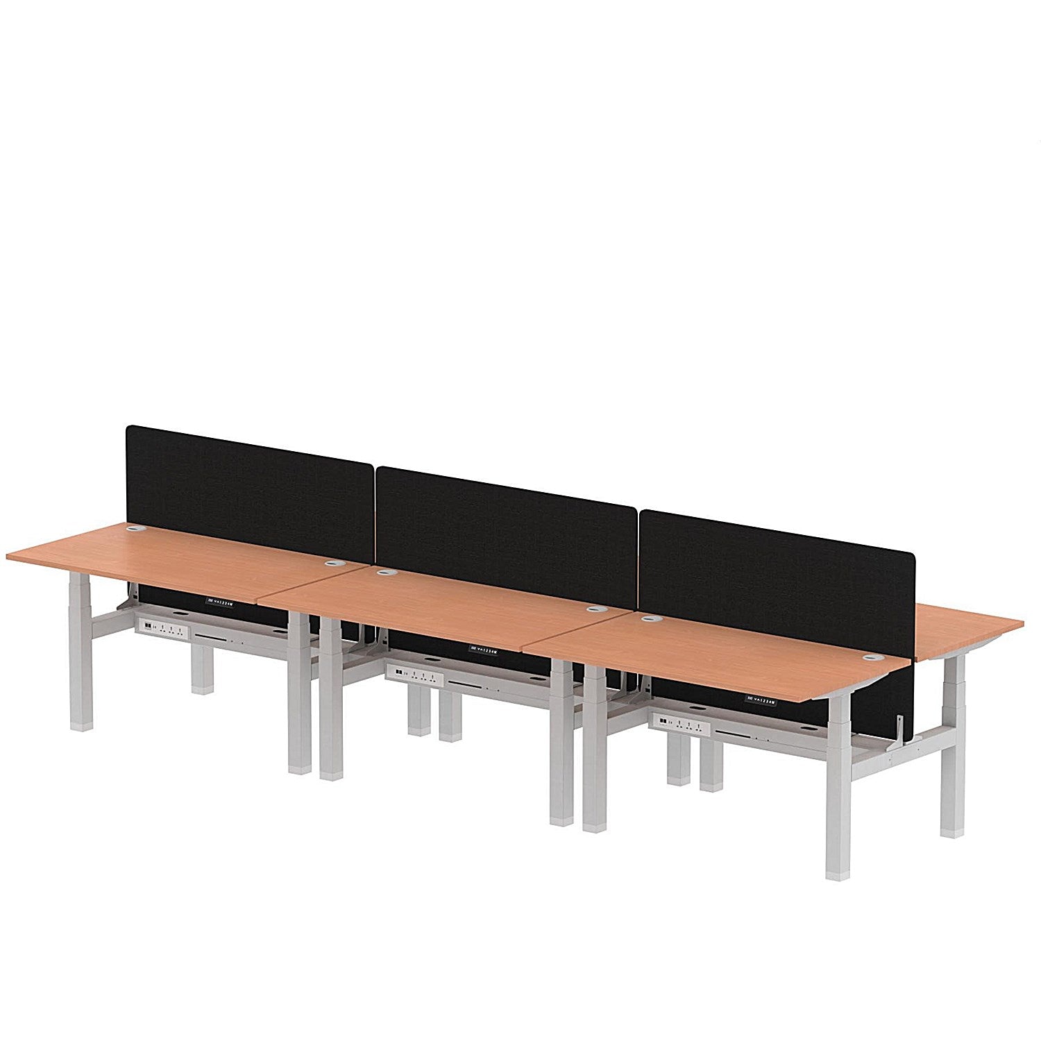 Air 6 Person Sit-Standing Bench Desk with Black Straight Screen, Back to Back, 6 x 1400mm (800mm Deep), Silver Frame, Beech Easy2Order : HA02109
