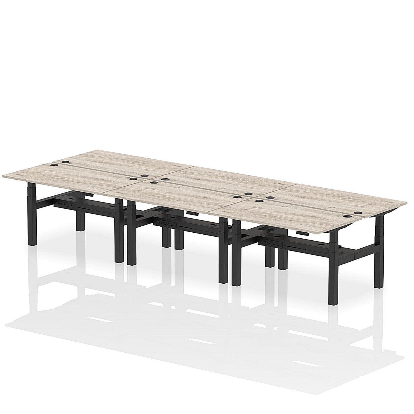 Air 6 Person Sit-Standing Bench Desk, Back to Back, 6 x 1400mm (800mm Deep), Black Frame, Grey Oak Easy2Order : HA02118
