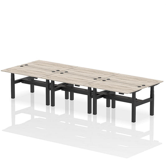 Air 6 Person Sit-Standing Bench Desk, Back to Back, 6 x 1400mm (800mm Deep), Black Frame, Grey Oak Easy2Order : HA02118