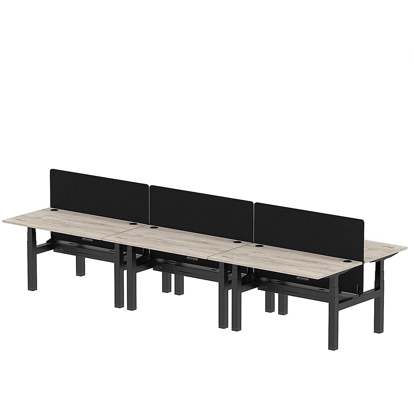 Air 6 Person Sit-Standing Bench Desk with Black Straight Screen, Back to Back, 6 x 1400mm (800mm Deep), Black Frame, Grey Oak Easy2Order : HA02119
