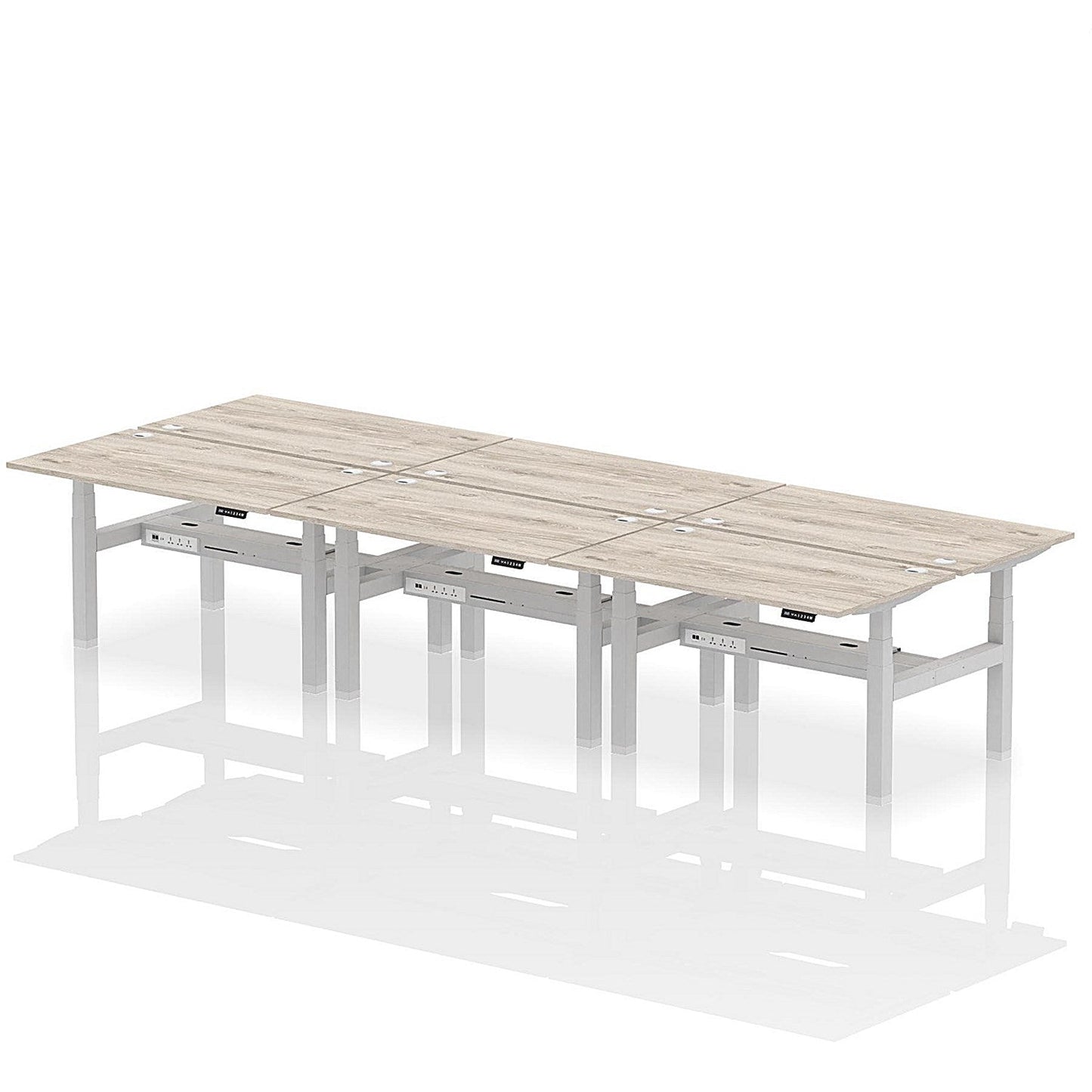 Air 6 Person Sit-Standing Bench Desk, Back to Back, 6 x 1400mm (800mm Deep), Silver Frame, Grey Oak Easy2Order : HA02120