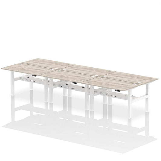 Air 6 Person Sit-Standing Bench Desk, Back to Back, 6 x 1400mm (800mm Deep), White Frame, Grey Oak Easy2Order : HA02122