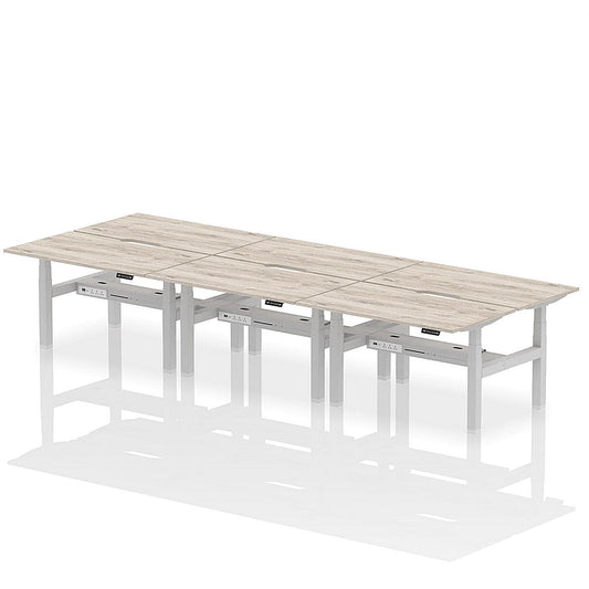 Air 6 Person Sit-Standing Scalloped Bench Desk, Back to Back, 6 x 1400mm (800mm Deep), Silver Frame, Grey Oak Easy2Order : HA02126