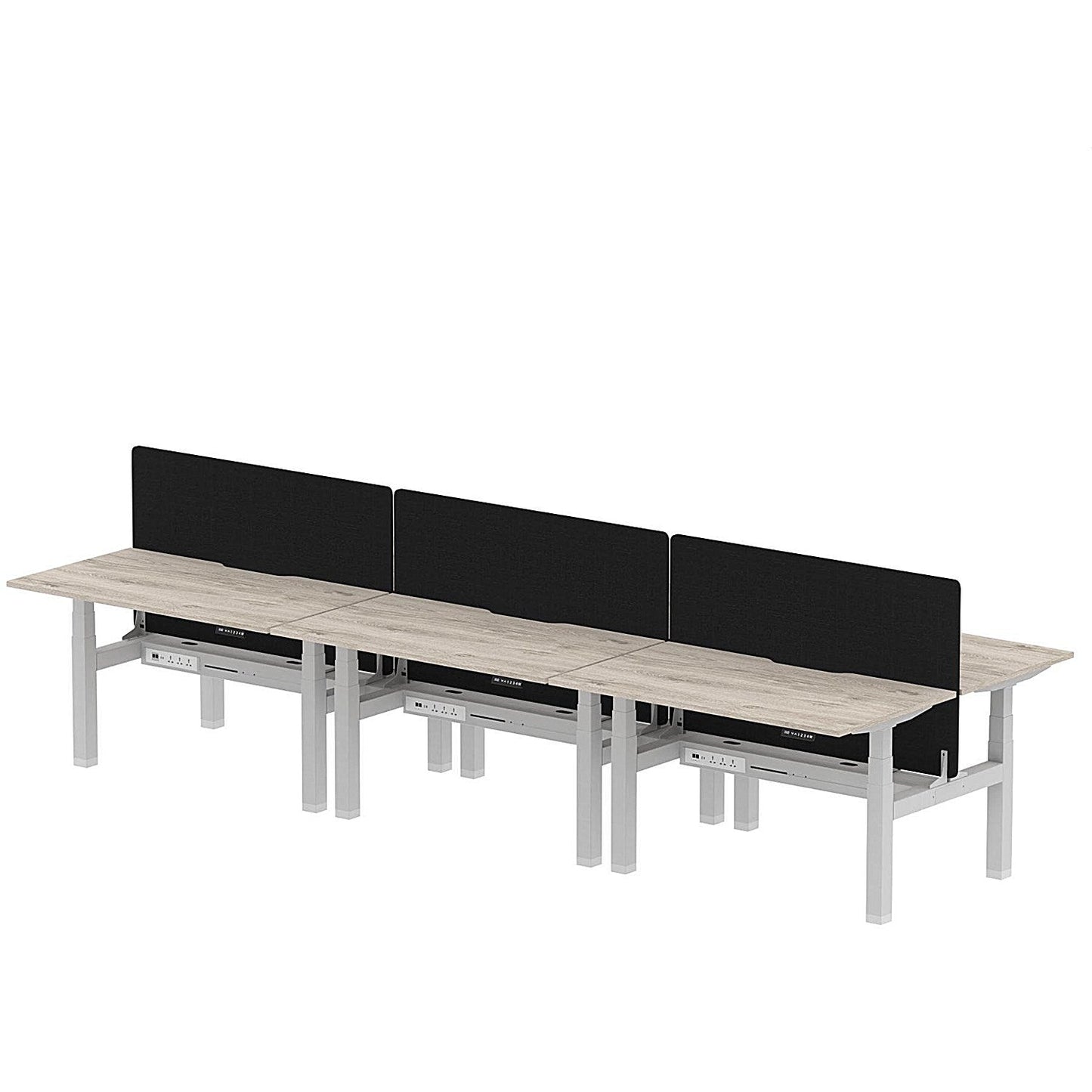 Air 6 Person Sit-Standing Scalloped Bench Desk with Black Straight Screen, Back to Back, 6 x 1400mm (800mm Deep), Silver Frame, Grey Oak Easy2Order : HA02127