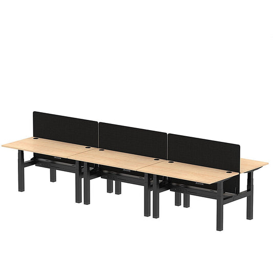 Air 6 Person Sit-Standing Bench Desk with Black Straight Screen, Back to Back, 6 x 1400mm (800mm Deep), Black Frame, Maple Easy2Order : HA02131